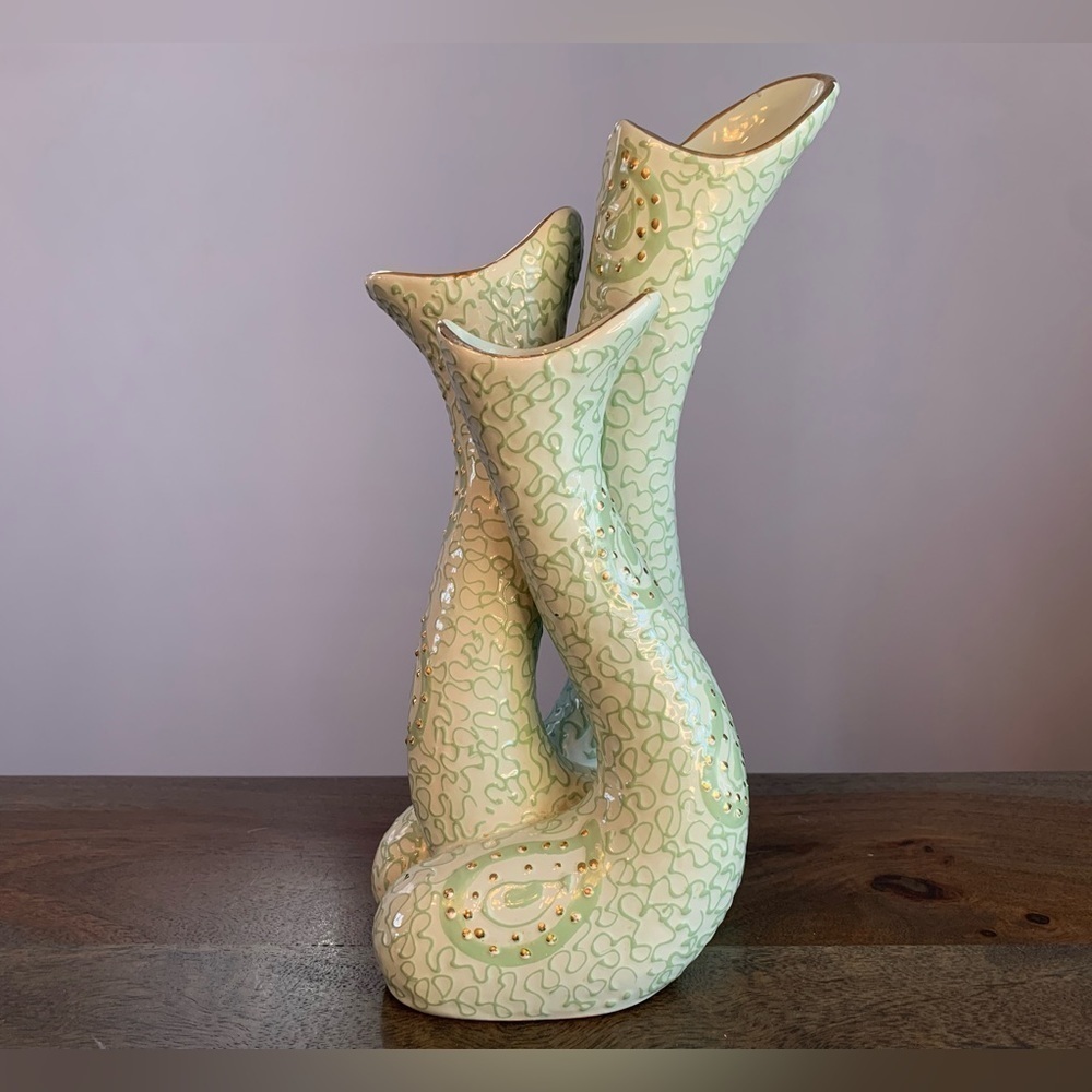 Italian Vase Signed 1111/25 Italy Green Gold 3 openings OOAK Weird Alien Vtg